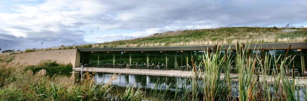 Gloucester motorway services: terrace, lake and eco-roof - click to enlarge